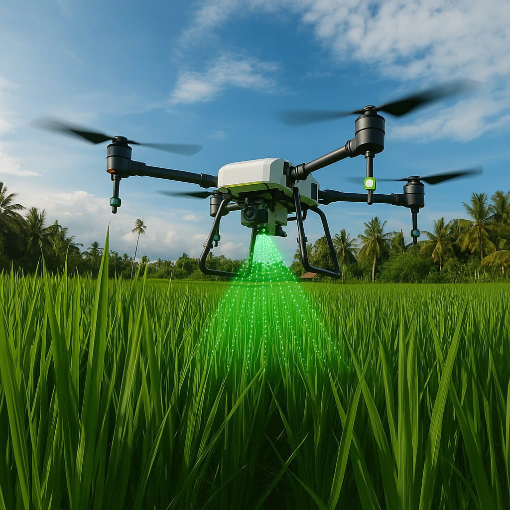 Drone agrícola sobrevoa lavoura com sensores de monitoramento.